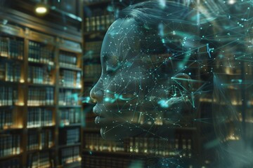 A digital overlay of a woman's profile merges with a library, symbolizing knowledge and technology