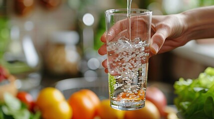 Female hand obtaining a cup of purified tap water in the kitchen, promoting a lifestyle of wellness.