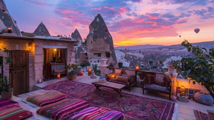 Explore the stunning Goreme, Turkey. Stay at a charming hotel with a colorful terrace adorned with carpets. Witness the magical sunrise over Kapadokya with hot air balloons soaring above.