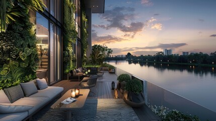 Fototapeta premium A luxury terrace lounge featuring a vertical garden, contemporary furniture, and a serene view of a calm river reflecting the evening sky.