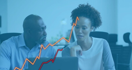 Image of financial data processing over diverse colleagues discussing work in office