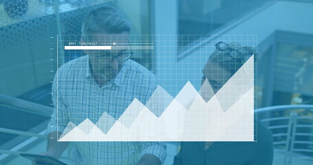 Image of financial data processing over diverse colleagues discussing work in office