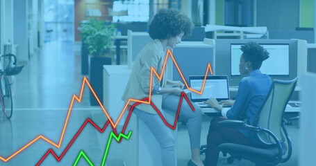 Image of financial data processing over diverse colleagues discussing work in office