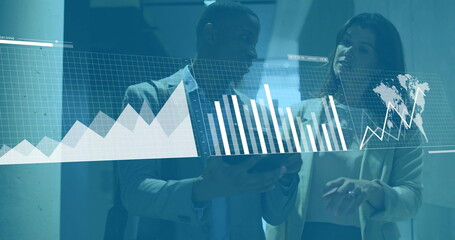 Image of financial data processing over diverse colleagues discussing work in office