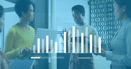 Image of financial data processing over diverse colleagues discussing work in office