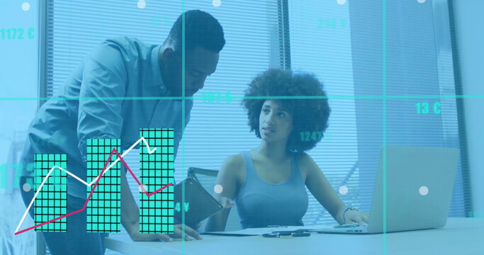 Image of financial data processing over diverse colleagues discussing work in office