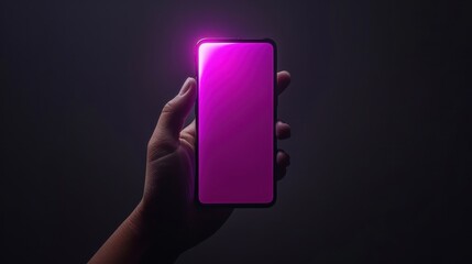Close up Young man's hand holding mobile phone with empty screen against neon purple blue background,Male hand with smartphone. Blank white screen. Mock-up Red and blue neon light in dark black room.