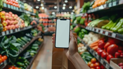 Female hand holding smartphone touch screen on Abstract blur background of supermarket aisle shelves chilled vegetable zone,and checking shopping list,housewife concept.