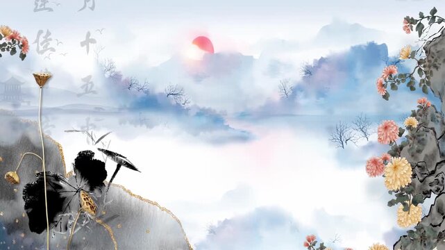 Fantasy Digital art ancient landscape Painting Traditional Poetry recitation Chinese style ink background, Mysterious landscape China's traditional Oriental Digital Art animation