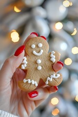 Obraz premium Woman's Hand Holding a Gingerbread Man Cookie with Christmas Tree in Background, Festive Holiday Treat Generative AI