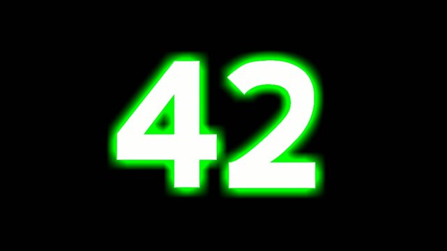 Neon number 42 forty two sign symbol modern animation motion graphics flicking on black background,green color glowing and shining for video elements