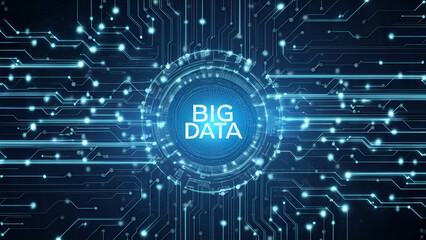 Digital schematic banner with radiant lights and data dots connected in blue and black tones. Embodies the big data technology theme. Generated ai