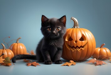 Halloween card, many pumpkins and a beautiful black cat