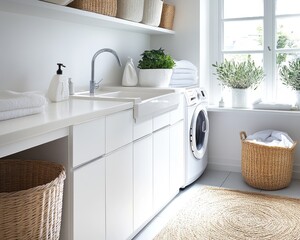 Modern and Organized Laundry Room with White Cabinets and Functional Sink