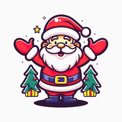 Cheerful Cartoon Santa Claus with Christmas Trees