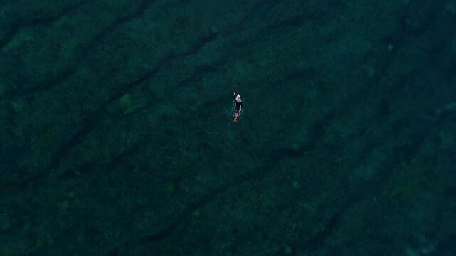 Drone top down rises above surfer paddling above reef