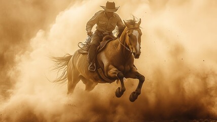 Cowboy Riding Through Dust Cloud