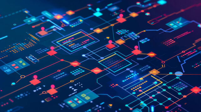 Block diagram with a bunch of algorithmic structures and arrows transforming pseudocode on a dark background. Technology concept.