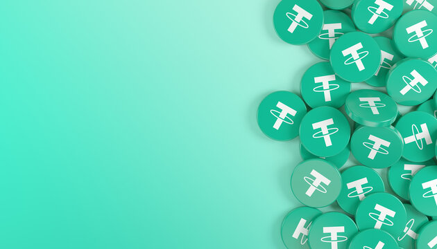 3d rendering of many round buttons with the logo of the cryptocurrency Tether (USDT) in green on a green background - business concept - Copy space.