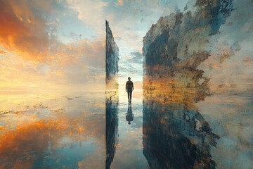 The Path of Multiple Realities - Person walking on diverging paths through various dimensions and alternate landscapes.