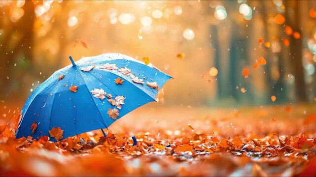 A blue umbrella sits amidst fallen autumn leaves in a forest, with raindrops falling around it.