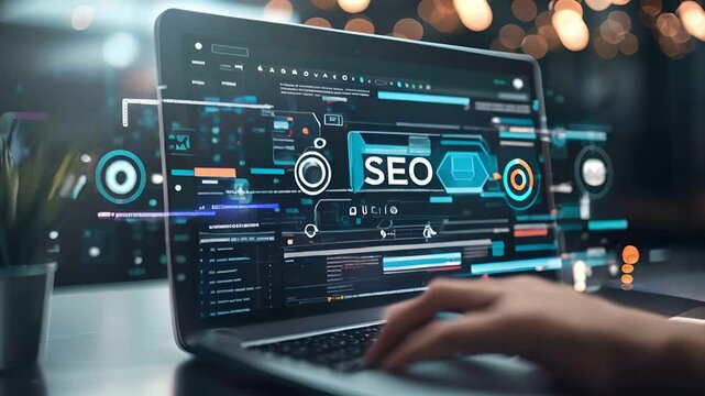 A close-up of a laptop with the word "SEO" displayed on the screen, surrounded by digital icons