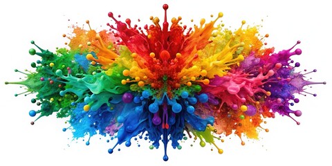 Vibrant rainbow paint splatters explode in a kaleidoscope of colors, isolated on a transparent background, symbolizing joy, diversity, and celebration in a playful, abstract design.