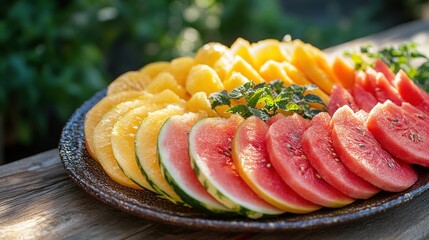 A beautifully arranged platter of watermelon slices in a cozy outdoor setting. The image captures the vibrant colors and juicy textures of traditional red, yellow, and seedless varieties. The