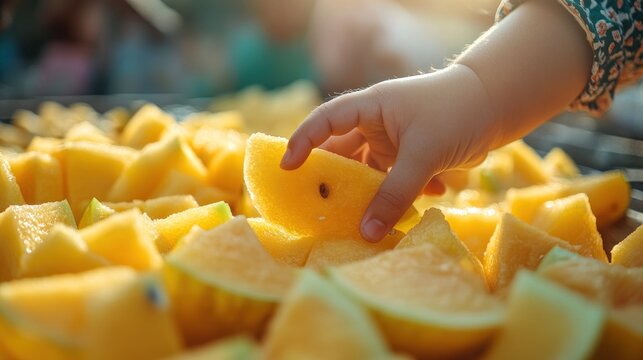 A close-up of a child's hand reaching for a slice of yellow watermelon, emphasizing the curiosity and excitement of trying something new. The bright and juicy fruit stands out against the blurred