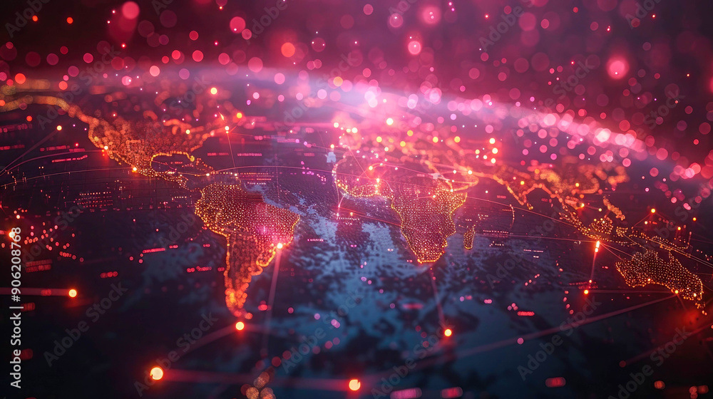 Poster a digitally rendered globe with bright, interconnected points and lines symbolizing global communica