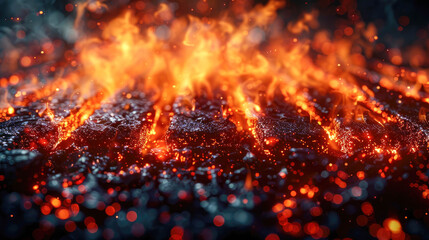 Abstract image of a fiery glowing hexagonal grid pattern. Warm, bright colors with bokeh effects. Futuristic technology concept