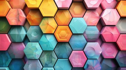 Colorful hexagon network, abstract 3D background, radiant hues, Watercolor style