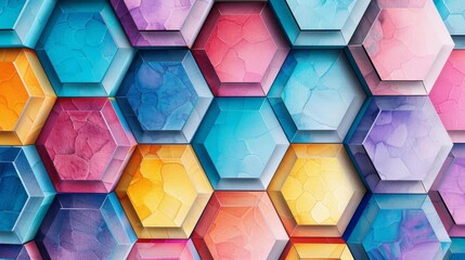 Hexagon lattice, vibrant 3D elements, geometric harmony, Watercolor style