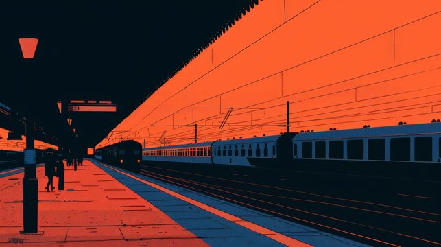 Lofi illustration of a bustling train station with people boarding and disembarking vintage trains on the tracks and a soft glow from the station lights