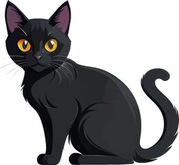 Playful black cat cartoon vector, sitting cute kitty silhouette with big eyes