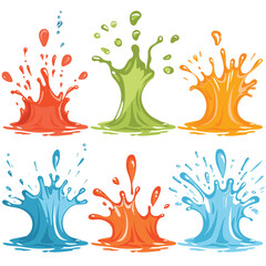 Six colorful liquid splashes cartoon style. Red, green, yellow, blue, orange, light blue paint splash designs. Graphic representations dynamic fluid splatter