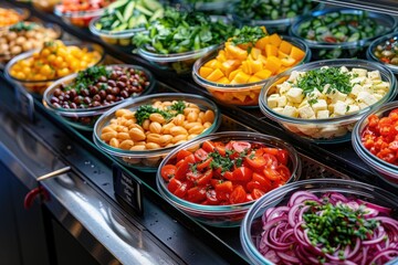Obraz premium Vegetable salads in plastic containers on the counter in the supermarket