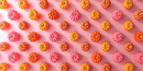 Pumpkin pattern in shades of pink and orange on a pastel background. Top view of the Halloween concept.