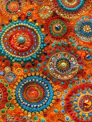 Fototapeta premium Vibrant and colorful abstract pattern featuring intricate circular designs and geometric shapes in an array of bright hues.