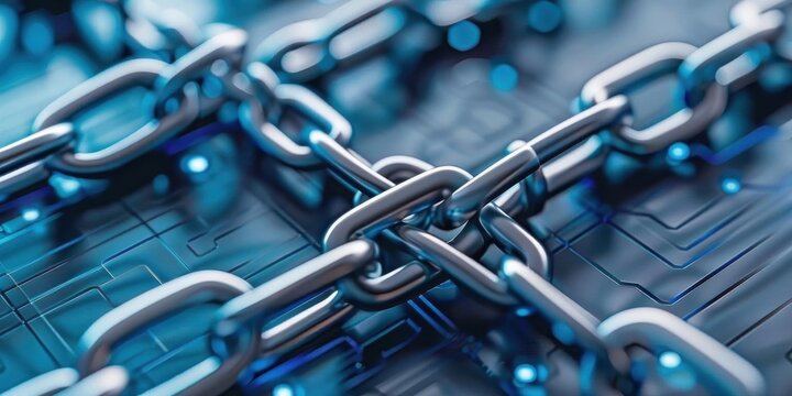 Close up of gold Bitcoin coins connected by chains on a blue network background.