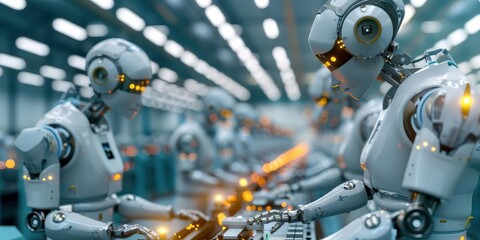 Fototapeta premium Humanoid robot in a factory setting, representing automation and futuristic technology.