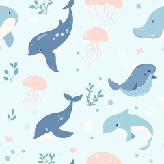 Obraz premium A pastel-themed vector illustration of lovable aquatic animals like whales, dolphins, and jellyfish, forming a serene and oceanic pattern perfect for beach decor