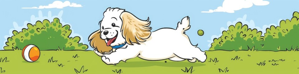 Obraz premium A delightful flat coloring book illustration for a children s book featuring a cartoon cocker spaniel happily playing with a ball