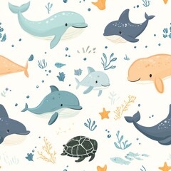 Fototapeta premium A seamless vector pattern of adorable ocean animals like dolphins, whales, and turtles in delicate pastel shades, perfect for creating serene and marine-themed designs