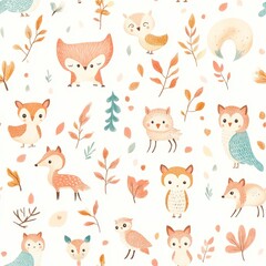 A pastel-toned vector pattern featuring a variety of popular animals like foxes