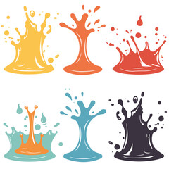 Six colorful splash designs, unique shape, depicting liquid splatter. Vector illustration dynamic, splashing fluid yellow, orange, red, turquoise, black colors. Artistic representation paint juice