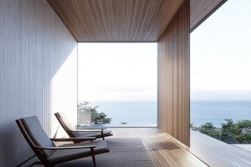 Minimalist luxury interiors with minimal furniture, beige wall panels and a large window. Luxurious residential Real Estate composition.