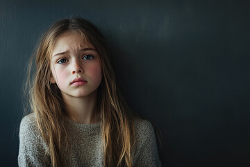 Young girl sad upset, clean background model person looking forward feeling bad, disappointed child, sadness expression, generated ai

