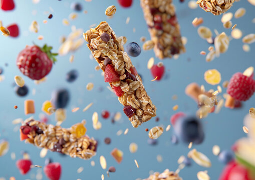 Commercial shot of flying healthy cereal granola bar with berries and fruits.Macro.AI Generative.
