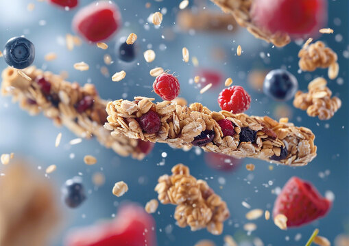 Healthy homemade cereal granola muesli bar with fruit and berries.Macro.AI Generative.